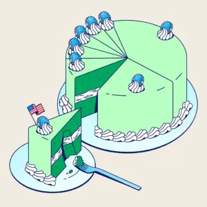 An illustration of a green cake with one slice cut out. The big cake is cut in slices of different sizes and topped with coins. The slice that’s on the side has a tiny American flag sticking out the top and a fork with bite of the cake beside it.